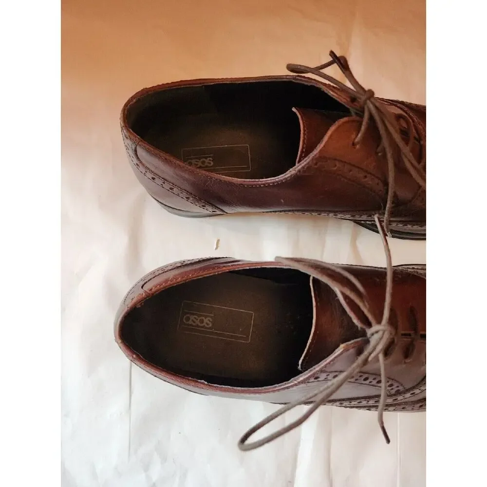 Asos Mens Brown Leather Lace Up Wing Tip Oxford Dress Shoes Size 9